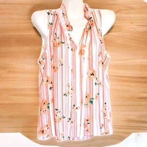 ELLE Plus Size Sheer Sleeveless Orange/White Ruffle Floral Print V-neck Top